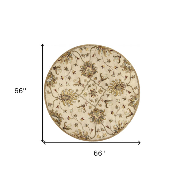 Homeroots 5' Round Champagne Floral Vine Wool Indoor Area Rug  Wool 375530