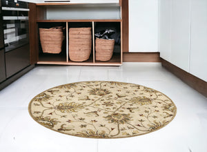 Homeroots 5' Round Champagne Floral Vine Wool Indoor Area Rug  Wool 375530