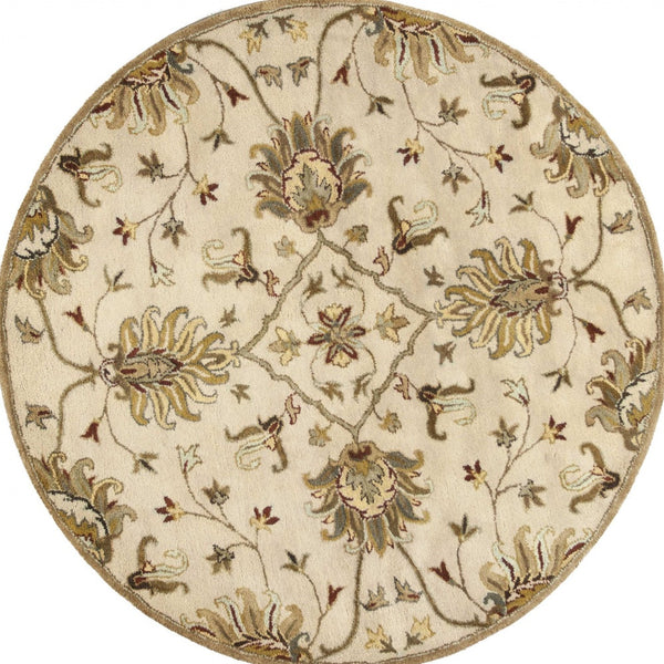 Homeroots 5' Round Champagne Floral Vine Wool Indoor Area Rug  Wool 375530