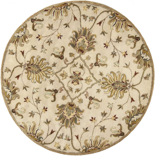 Homeroots 5' Round Champagne Floral Vine Wool Indoor Area Rug  Wool 375530