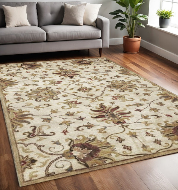 HomeRoots 8' Hand-Tufted Wool Runner Rug with Elegant Floral Medallion Design for Hallways and Entryways 5' X 8' 375531