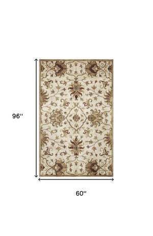 Homeroots 5' X 8' Champagne Beige Hand Tufted Traditional Floral Indoor Area Rug  Wool 375531