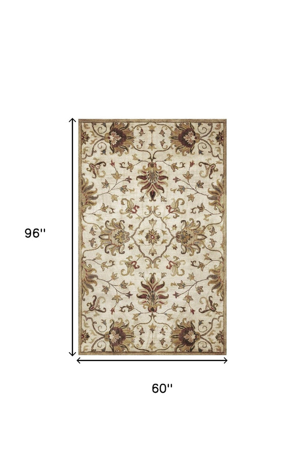 Homeroots 5' X 8' Champagne Beige Hand Tufted Traditional Floral Indoor Area Rug  Wool 375531