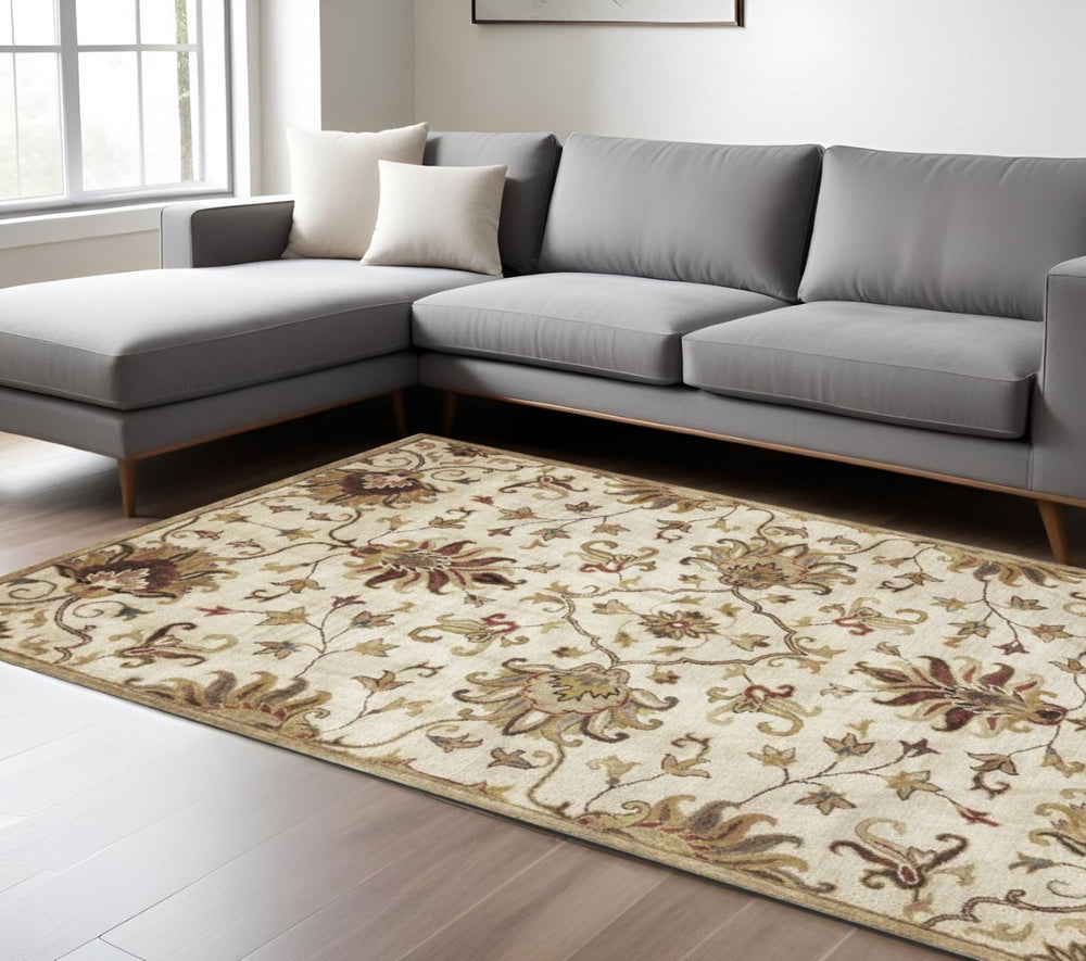 HomeRoots 8' Hand-Tufted Wool Floral Medallion Area Rug in Champagne, Red & Brown for Timeless Elegance 8' X 11' 375532