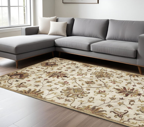 HomeRoots 8' Hand-Tufted Wool Floral Medallion Area Rug in Champagne, Red & Brown for Timeless Elegance 8' X 11' 375532
