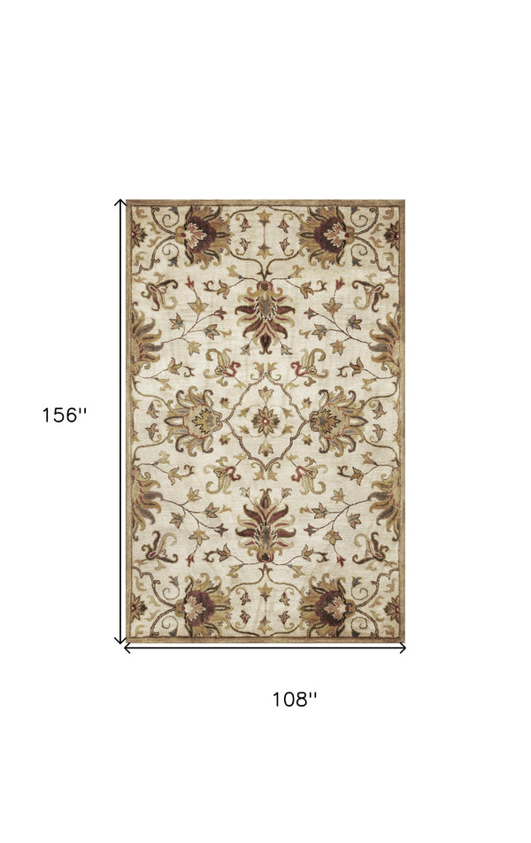 Homeroots 9' X 13' Beige Blue And Ivory Wool Floral Vines Hand Tufted Area Rug  Wool 375533
