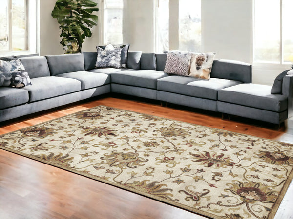 Homeroots 9' X 13' Beige Blue And Ivory Wool Floral Vines Hand Tufted Area Rug  Wool 375533