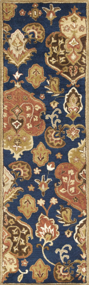 HomeRoots 7' Hand-Tufted Wool Runner Rug in Navy Blue with Orange and Brown Medallion Motifs for Warmth 7' Runner 375534