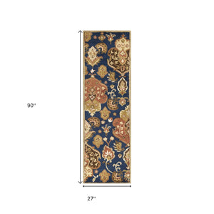 HomeRoots 7' Hand-Tufted Wool Runner Rug in Navy Blue with Orange and Brown Medallion Motifs for Warmth 7' Runner 375534