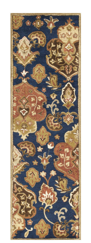 HomeRoots 7' Hand-Tufted Wool Runner Rug in Navy Blue with Orange and Brown Medallion Motifs for Warmth 7' Runner 375534