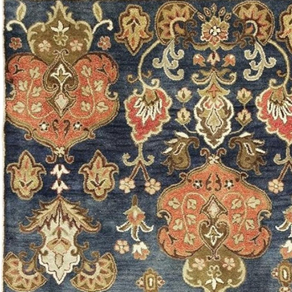 HomeRoots 7' Hand-Tufted Wool Runner Rug in Navy Blue with Orange and Brown Medallion Motifs for Warmth 3' X 5' 375535