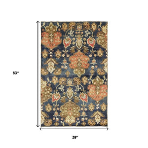 HomeRoots 7' Hand-Tufted Wool Runner Rug in Navy Blue with Orange and Brown Medallion Motifs for Warmth 3' X 5' 375535