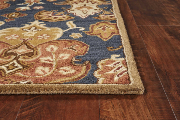 HomeRoots 7' Hand-Tufted Wool Runner Rug in Navy Blue with Orange and Brown Medallion Motifs for Warmth 3' X 5' 375535