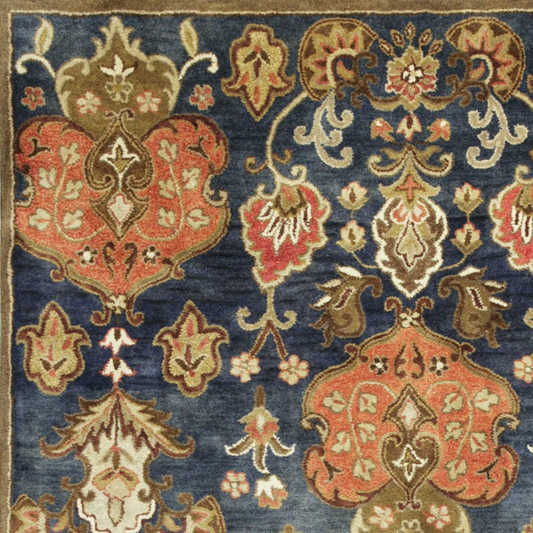 HomeRoots 7' Hand-Tufted Wool Runner Rug in Navy Blue with Orange and Brown Medallion Motifs for Warmth 3' X 5' 375535