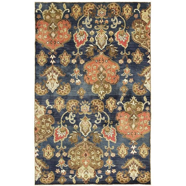 HomeRoots 7' Hand-Tufted Wool Runner Rug in Navy Blue with Orange and Brown Medallion Motifs for Warmth 3' X 5' 375535