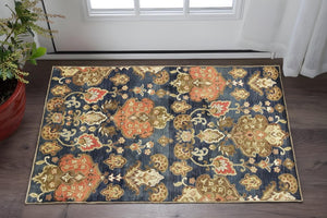 HomeRoots 7' Hand-Tufted Wool Runner Rug in Navy Blue with Orange and Brown Medallion Motifs for Warmth 3' X 5' 375535