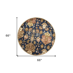 HomeRoots 7' Hand-Tufted Wool Runner Rug in Navy Blue with Orange and Brown Medallion Motifs for Warmth 6' Round 375536