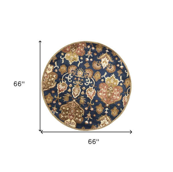 HomeRoots 7' Hand-Tufted Wool Runner Rug in Navy Blue with Orange and Brown Medallion Motifs for Warmth 6' Round 375536