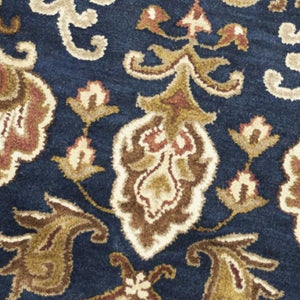 HomeRoots 7' Hand-Tufted Wool Runner Rug in Navy Blue with Orange and Brown Medallion Motifs for Warmth 6' Round 375536