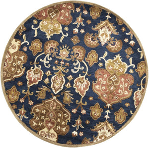 HomeRoots 7' Hand-Tufted Wool Runner Rug in Navy Blue with Orange and Brown Medallion Motifs for Warmth 6' Round 375536