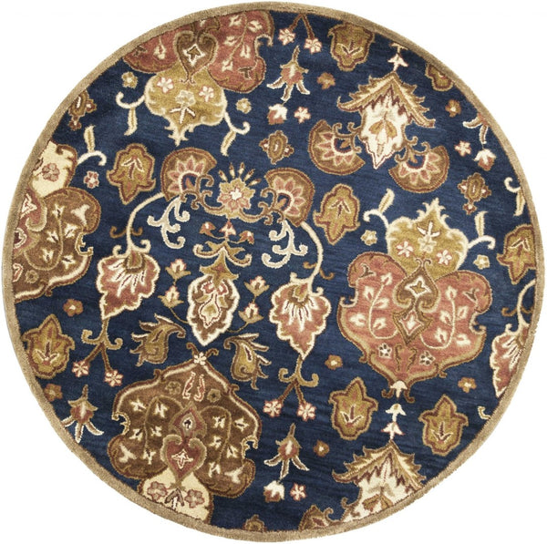 HomeRoots 7' Hand-Tufted Wool Runner Rug in Navy Blue with Orange and Brown Medallion Motifs for Warmth 6' Round 375536