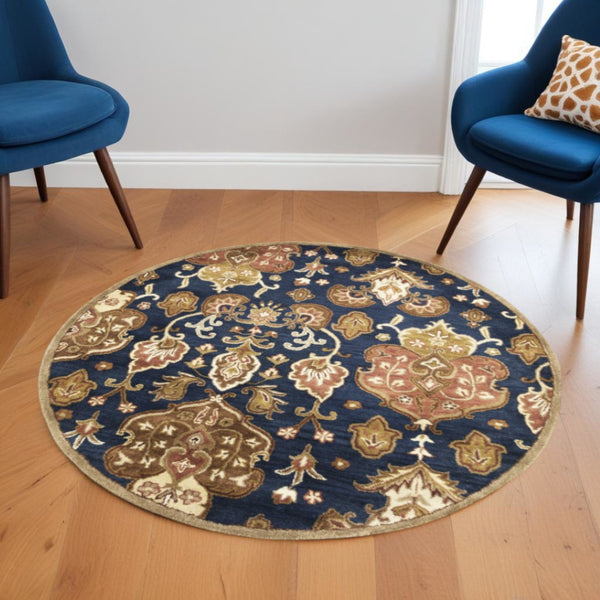 HomeRoots 7' Hand-Tufted Wool Runner Rug in Navy Blue with Orange and Brown Medallion Motifs for Warmth 6' Round 375536