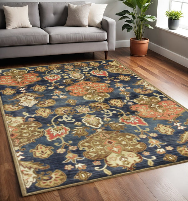 HomeRoots 7' Hand-Tufted Wool Runner Rug in Navy Blue with Orange and Brown Medallion Motifs for Warmth 5' X 8' 375537