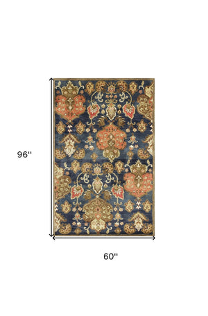 HomeRoots 7' Hand-Tufted Wool Runner Rug in Navy Blue with Orange and Brown Medallion Motifs for Warmth 5' X 8' 375537