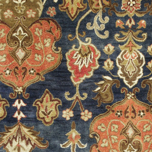 HomeRoots 7' Hand-Tufted Wool Runner Rug in Navy Blue with Orange and Brown Medallion Motifs for Warmth 5' X 8' 375537