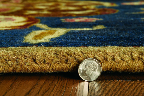 HomeRoots 7' Hand-Tufted Wool Runner Rug in Navy Blue with Orange and Brown Medallion Motifs for Warmth 5' X 8' 375537