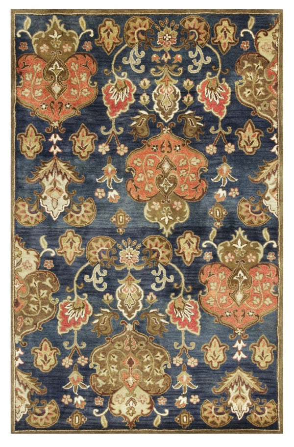 HomeRoots 7' Hand-Tufted Wool Runner Rug in Navy Blue with Orange and Brown Medallion Motifs for Warmth 5' X 8' 375537