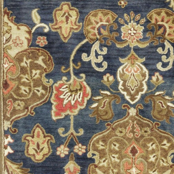 HomeRoots 7' Hand-Tufted Wool Runner Rug in Navy Blue with Orange and Brown Medallion Motifs for Warmth 5' X 8' 375537