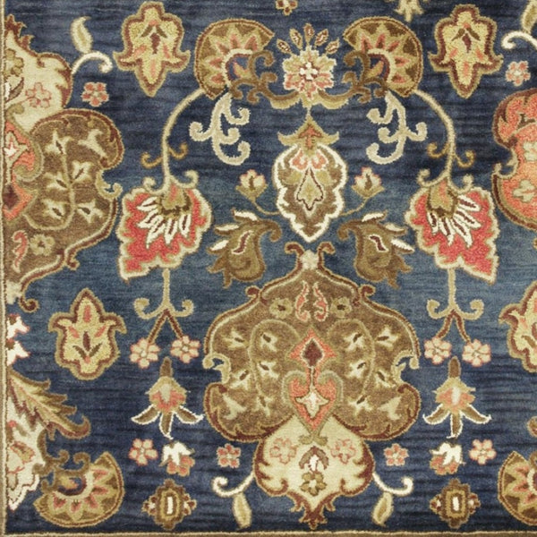 HomeRoots 8' Luxurious New Zealand Lambs Wool Medallion Area Rug in Navy Blue, Orange, and Brown Elegance 8' X 11' 375538