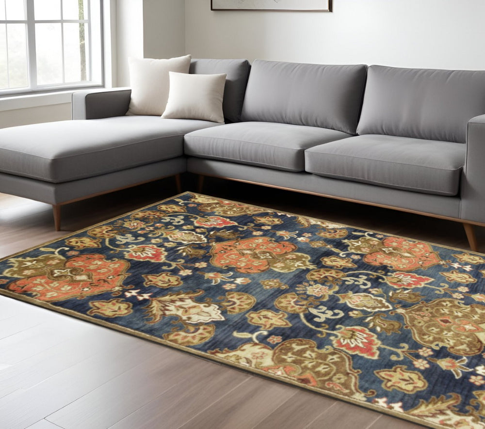 HomeRoots 8' Luxurious New Zealand Lambs Wool Medallion Area Rug in Navy Blue, Orange, and Brown Elegance 8' X 11' 375538