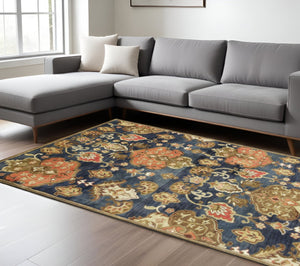 HomeRoots 8' Luxurious New Zealand Lambs Wool Medallion Area Rug in Navy Blue, Orange, and Brown Elegance 8' X 11' 375538