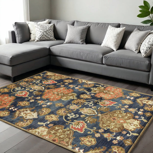 HomeRoots 9' Hand-Tufted Wool Medallion Area Rug in Navy Blue, Orange, and Brown – Luxurious Comfort & Style 9' X 13' 375539