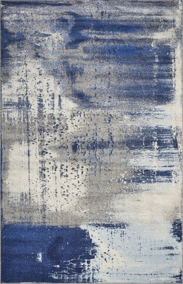 HomeRoots 5' Contemporary Blue Ivory Gray Abstract Area Rug - Durable, Stain-Resistant, Plush Comfort for Homes 7' X 10' 375584