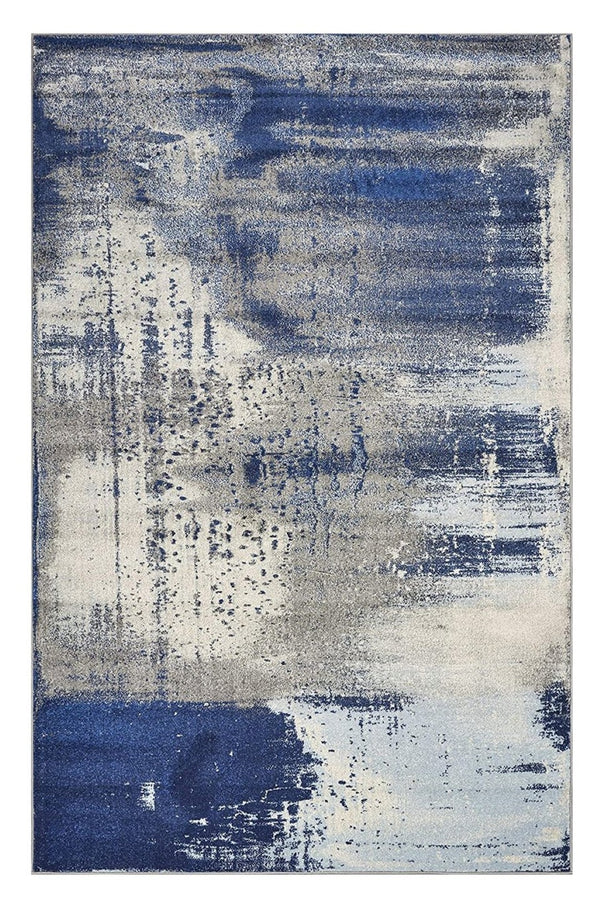 HomeRoots 5' Contemporary Blue Ivory Gray Abstract Area Rug - Durable, Stain-Resistant, Plush Comfort for Homes 7' X 10' 375584