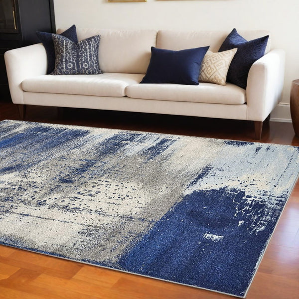 HomeRoots 5' Contemporary Blue Ivory Gray Abstract Area Rug - Durable, Stain-Resistant, Plush Comfort for Homes 7' X 10' 375584