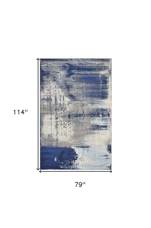 HomeRoots 5' Contemporary Blue Ivory Gray Abstract Area Rug - Durable, Stain-Resistant, Plush Comfort for Homes 7' X 10' 375584