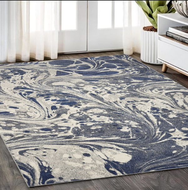 HomeRoots 5' Blue-Gray and Ivory Abstract Area Rug – Modern Style, Soft Texture, Durable for High-Traffic Areas 5' X 8' 375587