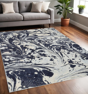 HomeRoots 5' Blue and Ivory Abstract Area Rug - Contemporary Design, Plush Comfort, Stain Resistant, Family-Friendly 5' X 7' 375591