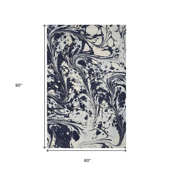 HomeRoots 5' Blue and Ivory Abstract Area Rug - Contemporary Design, Plush Comfort, Stain Resistant, Family-Friendly 5' X 7' 375591