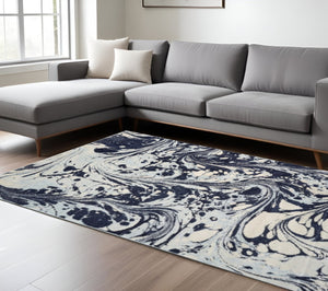HomeRoots 5' Blue and Ivory Abstract Area Rug - Contemporary Design, Plush Comfort, Stain Resistant, Family-Friendly 7' X 10' 375592