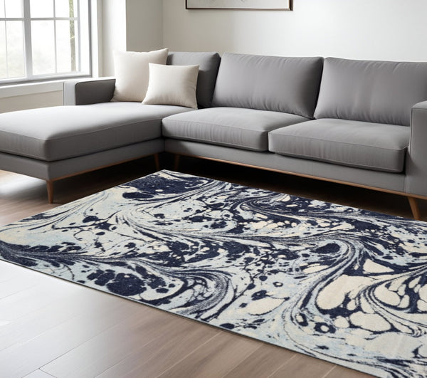 HomeRoots 5' Blue and Ivory Abstract Area Rug - Contemporary Design, Plush Comfort, Stain Resistant, Family-Friendly 7' X 10' 375592