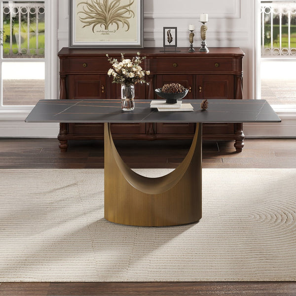 English Elm 63" Modern Artificial Stone Dining Table With Bronze Iron Legs - Seats 6-8, Durable & Stylish! W1535S00552