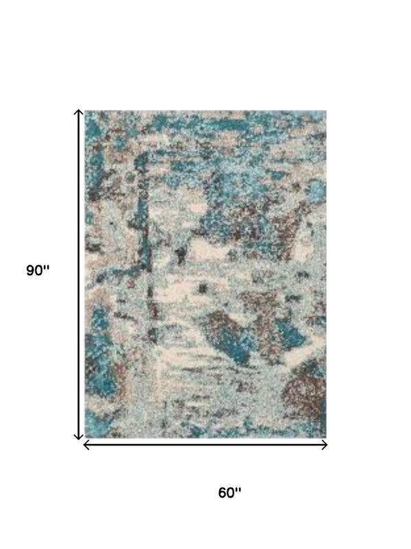 HomeRoots 5' Ivory and Teal Abstract Area Rug - Stylish, Durable, Stain-Resistant Design for Modern Spaces 5' X 8' 375595