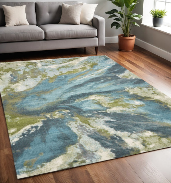 HomeRoots 5' Modern Abstract Area Rug in Teal, Gray, and Green - Durable & Stylish for High-Traffic Spaces 5' X 7' 375599