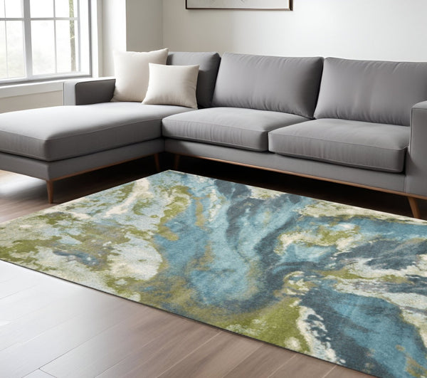 HomeRoots 5' Modern Abstract Area Rug in Teal, Gray, and Green - Durable & Stylish for High-Traffic Spaces 7' X 10' 375600