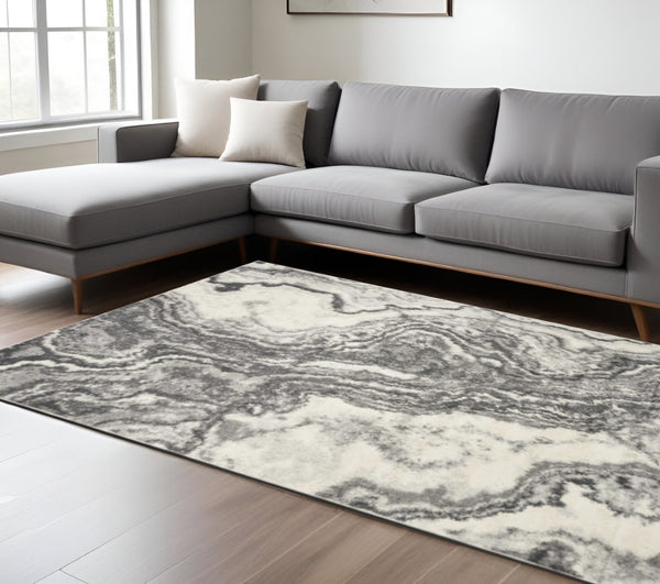HomeRoots 7' Gray and Ivory Abstract Area Rug - Contemporary Marble Design, Durable, Stain-Resistant, Ideal for Homes 7' X 9' 375604